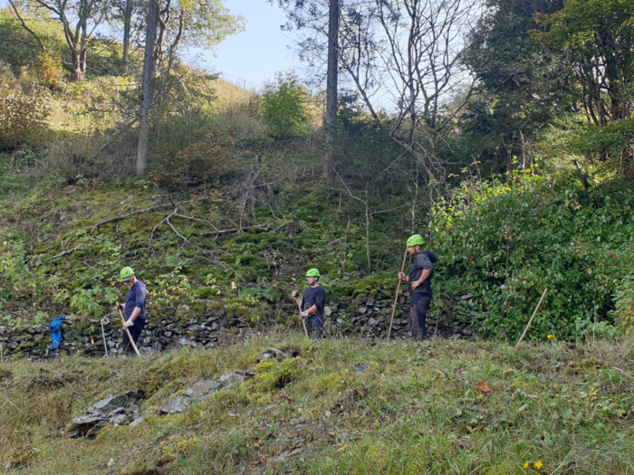 Freiwillige mit Kletterhelmen im Steinbruch Hammerunterwiesenthal.
