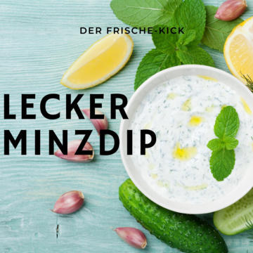 Minzdip ist in einer Schüssel mit Zitrone und Minzblättern angerichtet, türkiser Hintergrund.