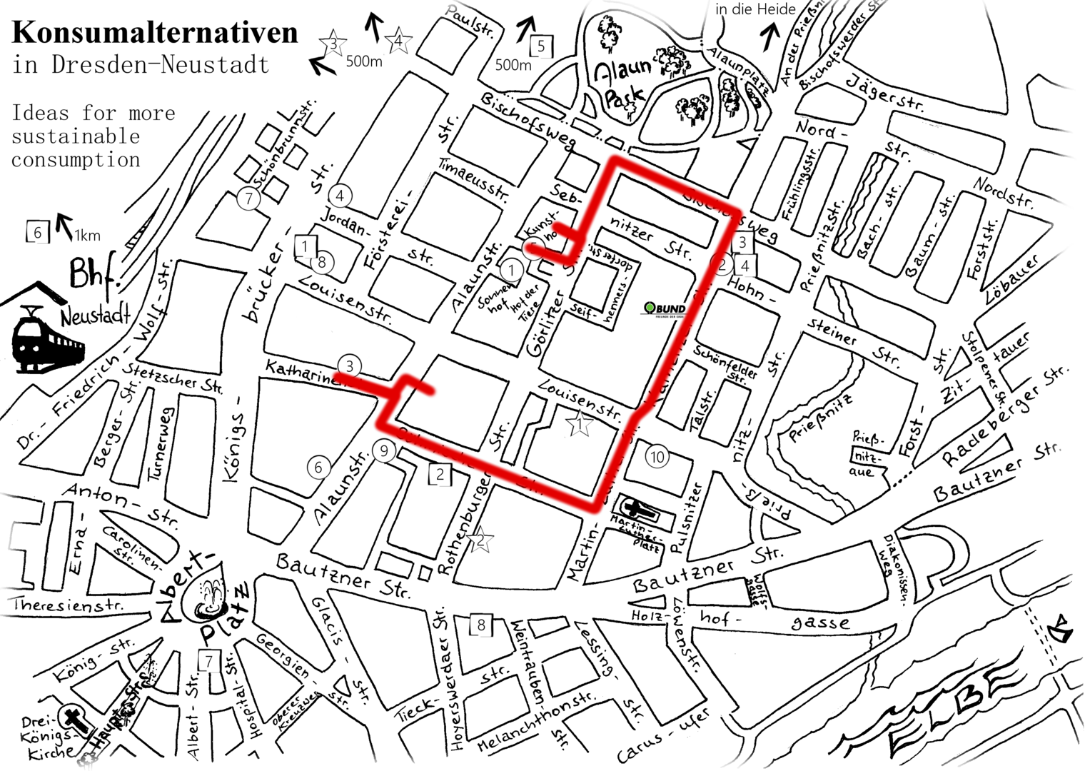 Karte von der Dresdner Neustadt, in der rot die Route des Stadtrundgangs eingezeichnet ist.