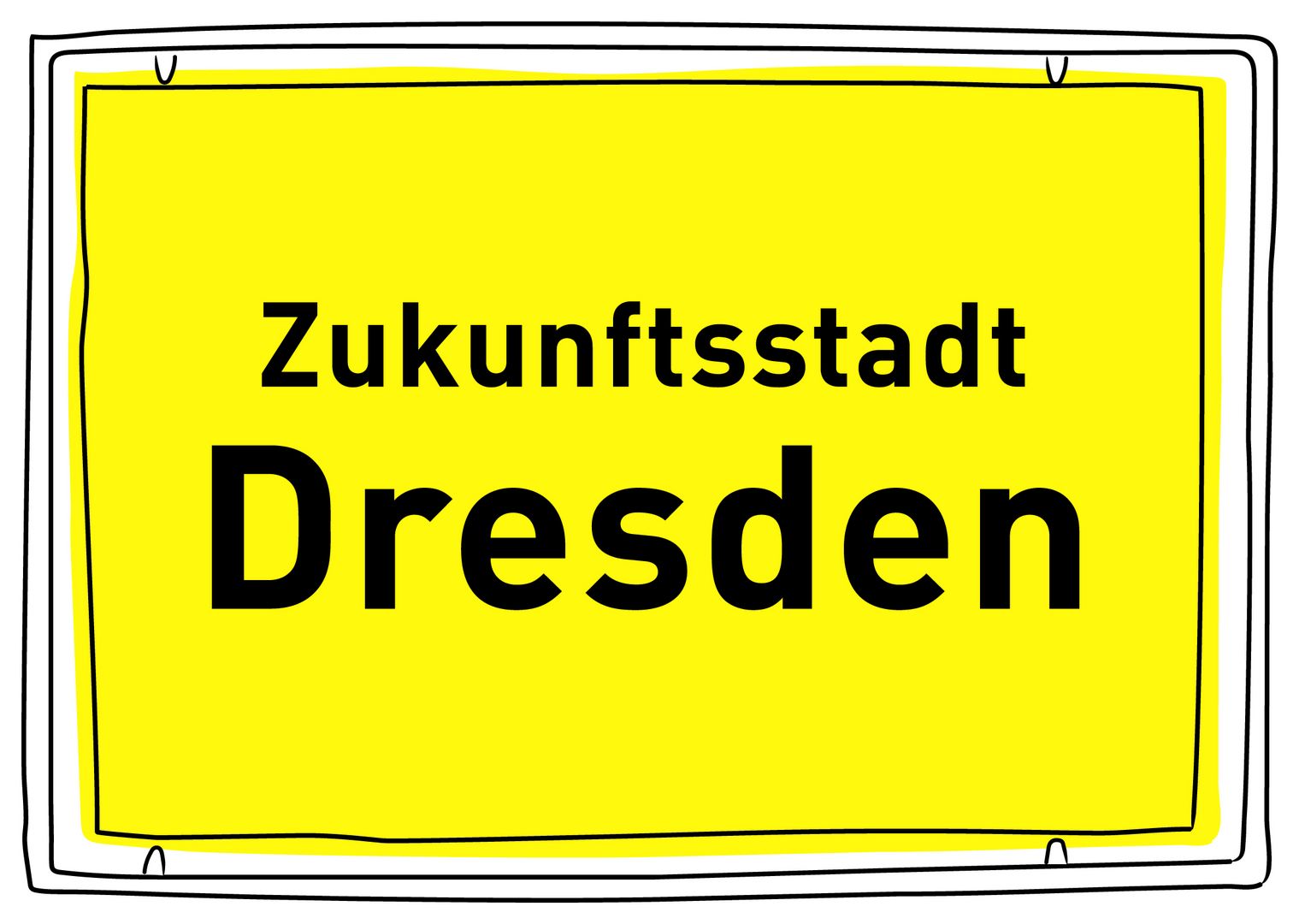 Gelbes Ortseingangsschild mit der schwarzen Aufschrift: Zukunftsstadt Dresden.