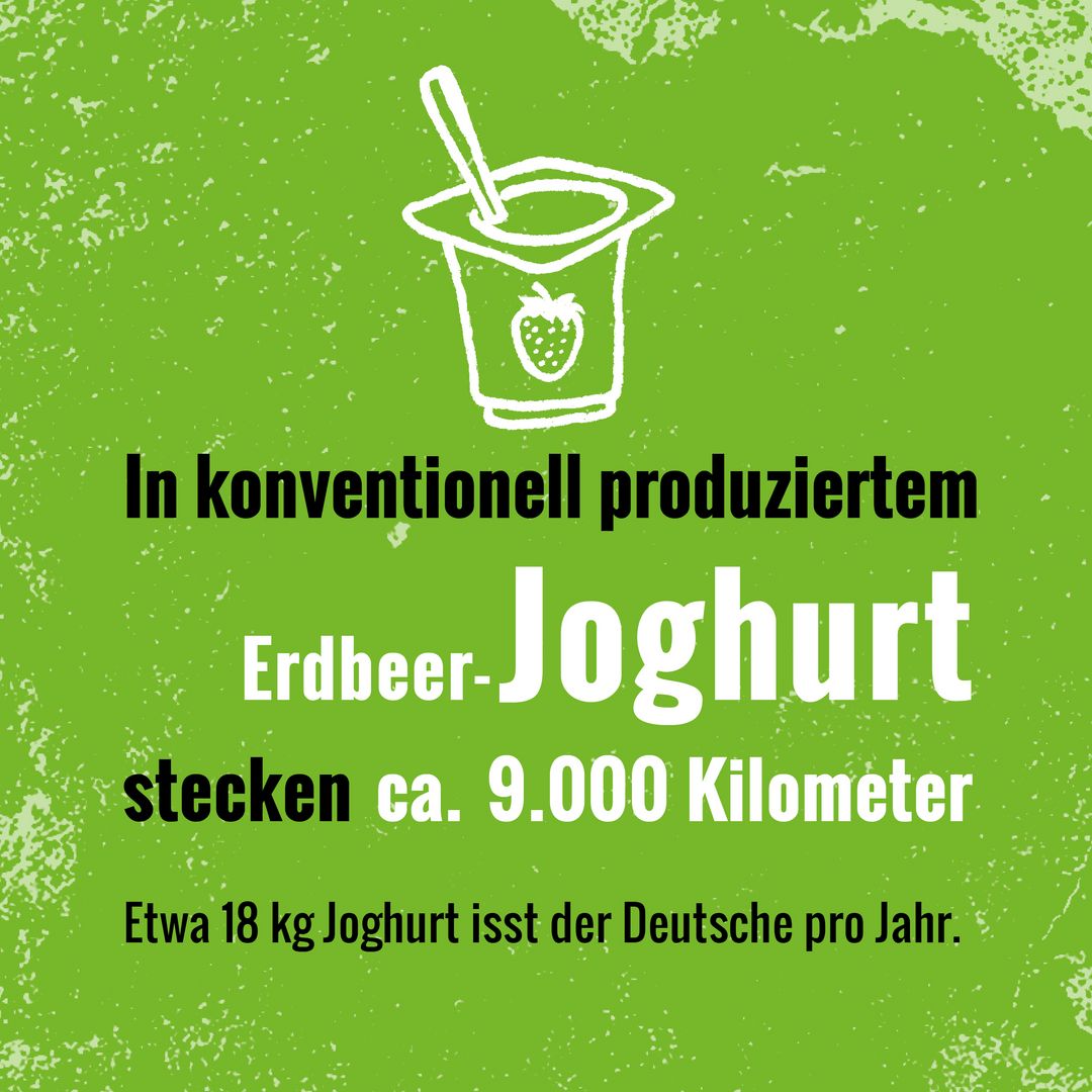 Hellgrüner Hintergrund. Bildaufschrift: In konventionell produziertem Joghurt stecken ca. 9000 Kilometer. Etwa 18kg isst der Deutsche pro Jahr. 