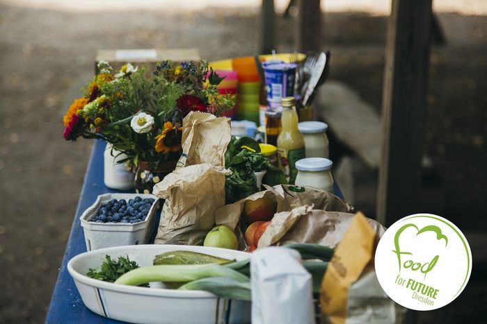 Lebensmittel, die wie frisch vom Einkauf auf einer Küchentheke aufgestellt sind. Darunter ist viel Gemüse und Obst in Pappschalen, sowie ein Blumenstrauß und Milchprodukte in Glasbehältern. Rechts unten das Logo von Food for Future.