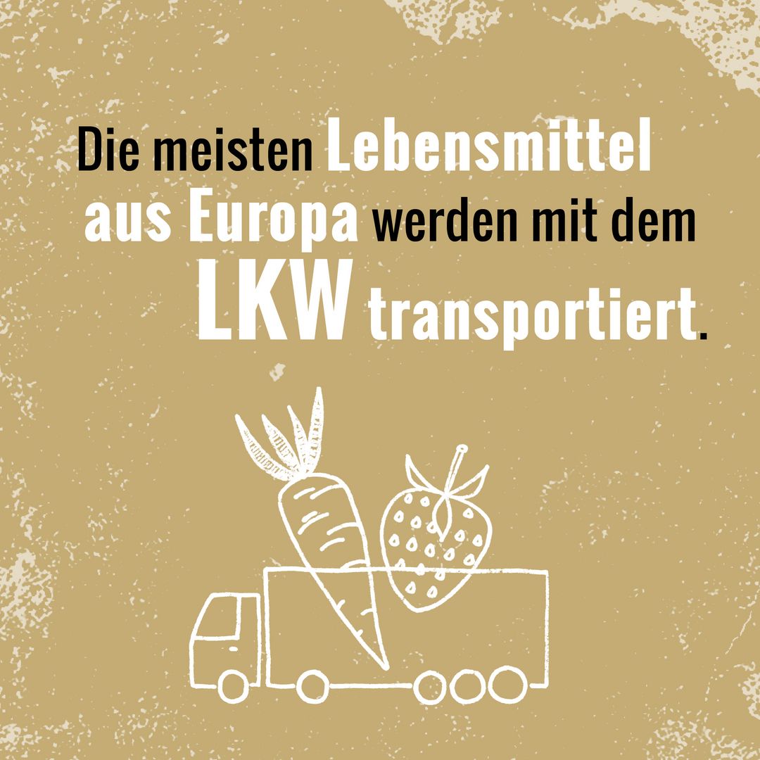 Brauner Hintergrund. Bildaufschrift: Die meisten Lebensmittel aus Europa werden mit dem LKW transportiert.