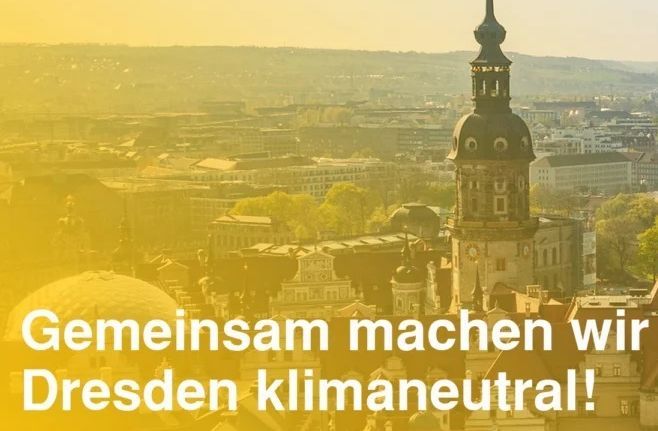 Skyline von Dresden. Links ein gelber Schatten. Bildaufschrift: Gemeinsam machen wir Dresden klimaneutral!
