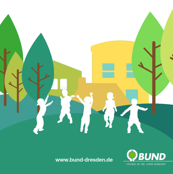 Grafik von spielenden Kindern vor Häusern unter Bäumen. Rechts unten das BUND-Logo.