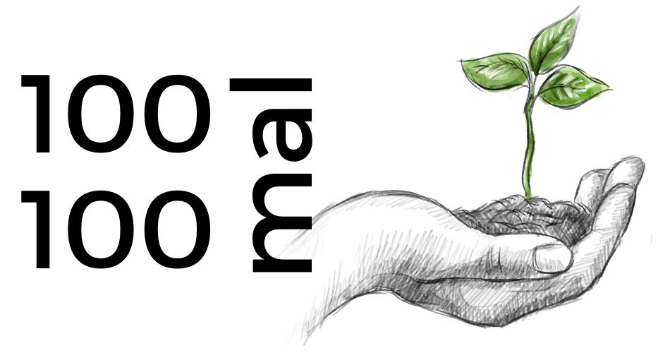 Links der Schriftzug: 100mal100. Rechts die Illustration einer Hand, aus der eine Pflanze wächst.