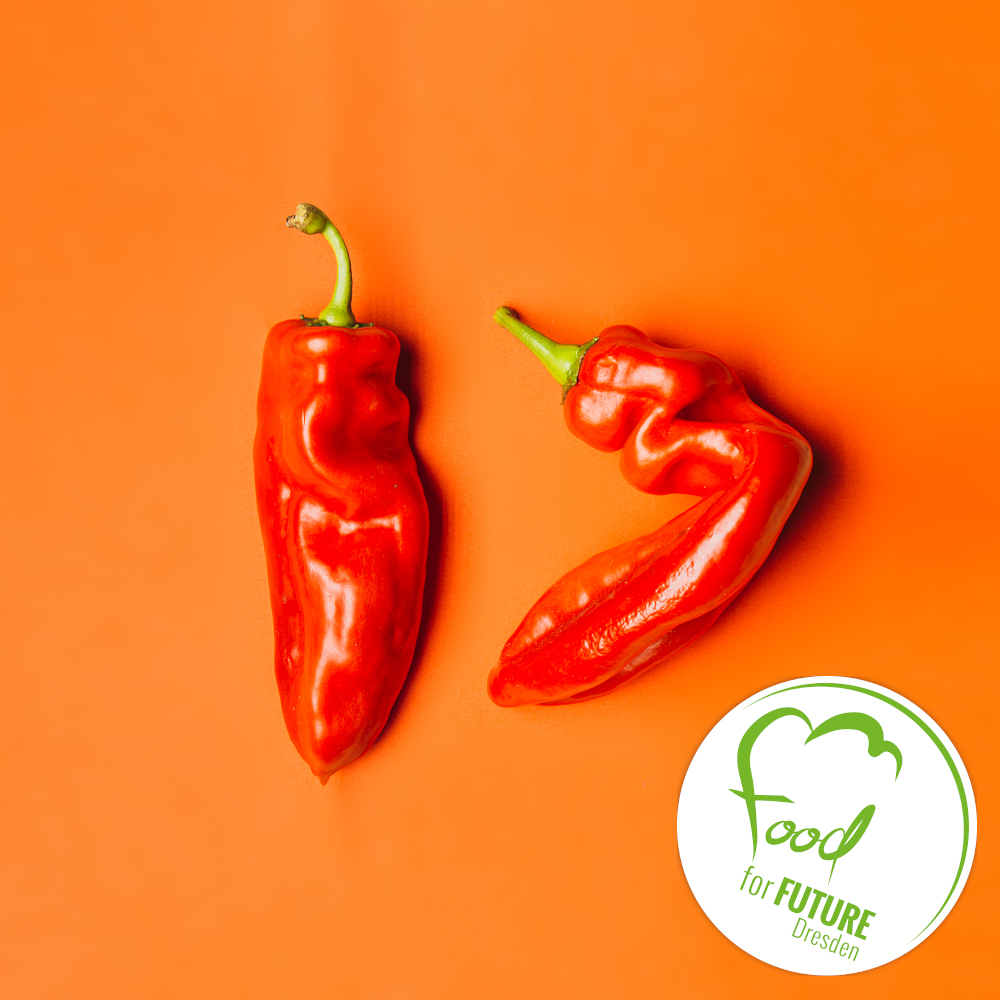 Zwei knallrote Chilischoten mit orangenem Hintergrund. In der rechten unteren Ecke das Logo von Food for Future.