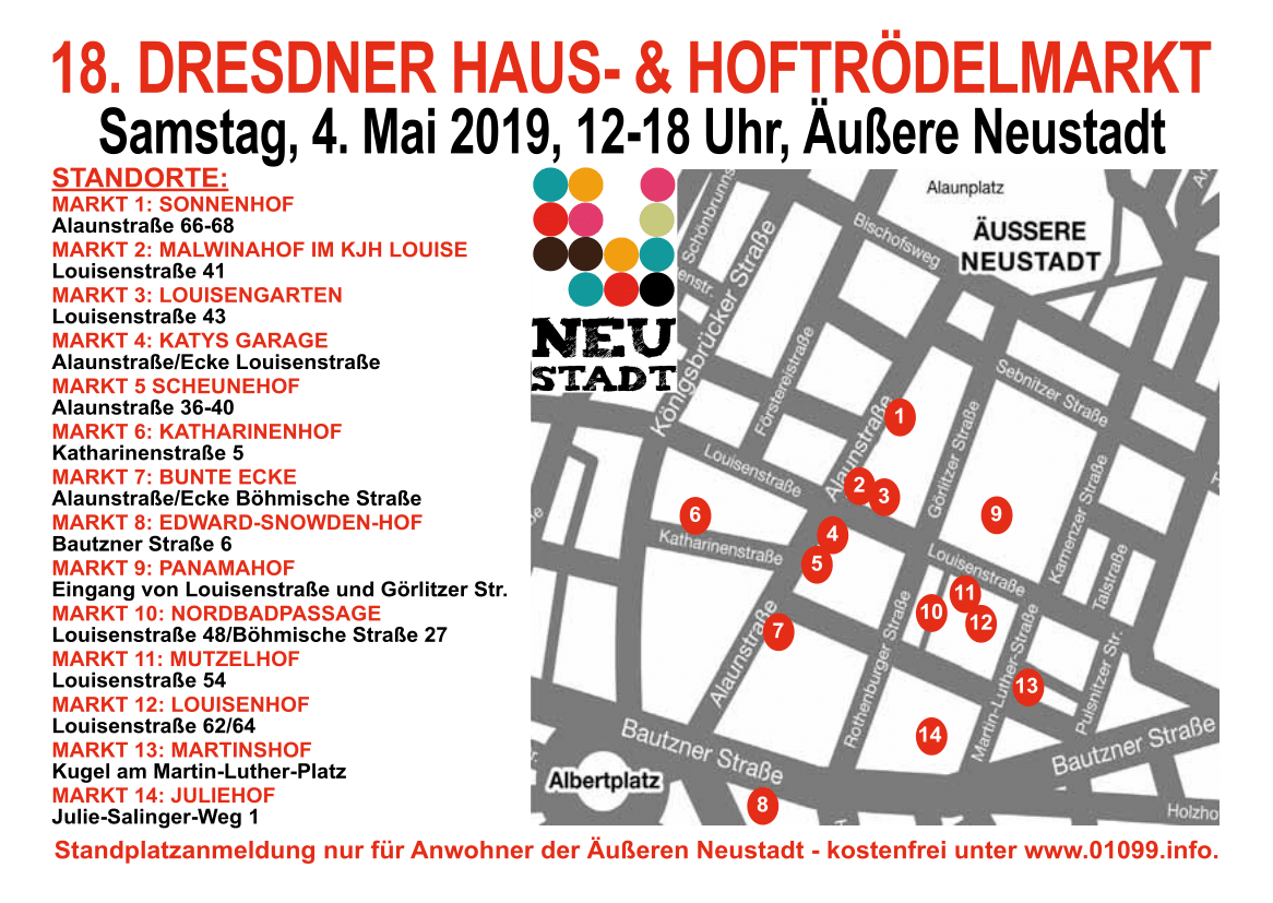 Karte mit Standorten des Dresdner Haus- und Hoftrödelmarktes.